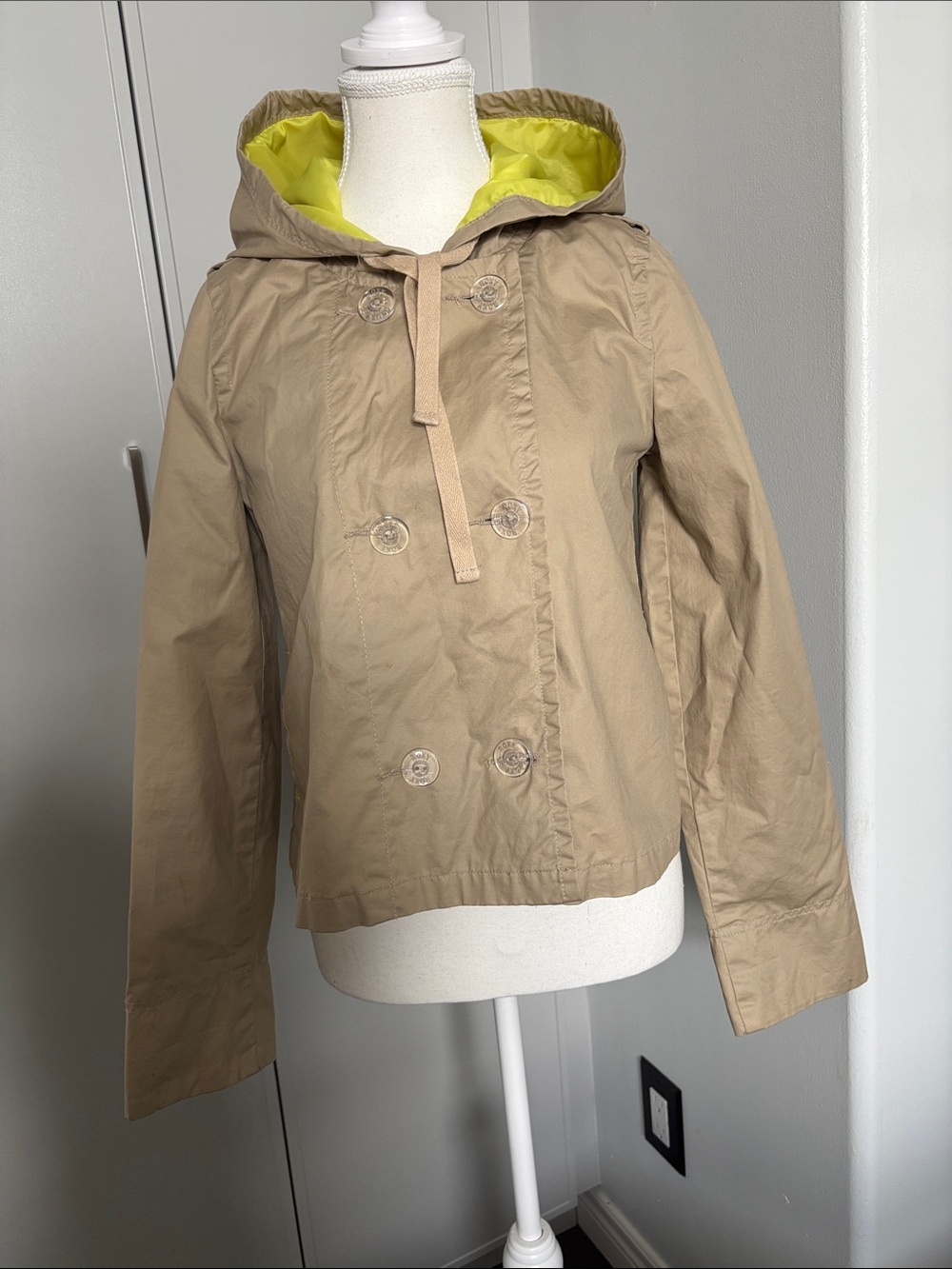 Roxy Khaki Hooded Raincoat with Lime Yellow Lining Sz XS
